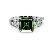 Leaf Motif Engagement Ring Setting for Fancy Green Asscher Cut Center with Pave Band and Prong Head in Platinum