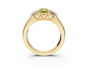 3 Stone Engagement Ring Setting for Fancy Yellow Emerald Cut Center with Raised Basket Heads and Prong Head in Yellow Gold