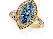 Milgrain Halo Engagement Ring Setting for Fancy Blue Marquise Center with Three-Sided Pave Band and Prong Head in Yellow Gold