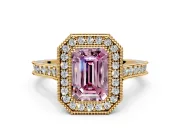 Halo Engagement Ring Setting for Fancy Pink Emerald Cut Center with Milgrain Pave Band and Bezel Head in Yellow Gold