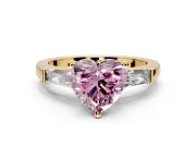3 Stone Engagement Ring Setting for Fancy Pink Heart-Shaped Center with Tapered Baguettes, Plain Band and Prong Head in Yellow Gold