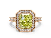 Halo Engagement Ring Setting for Fancy Yellow Radiant Cut Center with Milgrain Pave Band and Bezel Head in Rose Gold