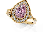Halo Engagement Ring Setting for Fancy Pink Pear-Shaped Center with Milgrain Rim, Pave Band and Prong Head in Yellow Gold