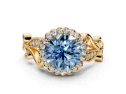 Halo Engagement Ring Setting for Fancy Blue Round Cut Center with Leaf Motif Split Shank and Prong Head in Yellow Gold