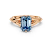 Solitaire Engagement Ring Setting for Fancy Blue Emerald Cut Center with Milgrain Cathedral Band and Prong Head in Rose Gold