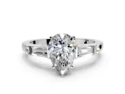 Bar-Set Engagement Ring Setting for Pear-Shaped Center with Tapered Baguette Accents and Prong Head in Platinum