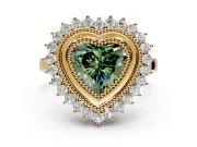 Halo Engagement Ring Setting for Fancy Green Heart-Shaped Center with Milgrain Bezel Rim, Plain Band and Prong Head in Yellow Gold