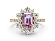 Floral Halo Engagement Ring Setting for Fancy Pink Emerald Cut Center with Pave Accents and Prong Head in Yellow Gold
