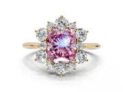 Small-Accent Cluster Halo Engagement Ring Setting for Fancy Pink Radiant Cut Center with Plain Band and Prong Head in Yellow Gold