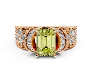 Pave Engagement Ring Setting for Fancy Yellow Emerald Cut Center with Curved Accent Rows, Openwork and Prong Head in Rose Gold