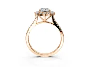 Halo Engagement Ring Setting for Radiant Cut Center with Single-Row Pave, Open Basket and Prong Head in Rose Gold