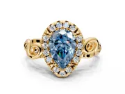 Halo Engagement Ring Setting for Fancy Blue Pear-Shaped Center with Open Scroll Shoulders and Prong Head in Yellow Gold