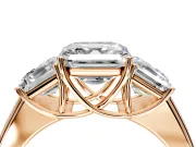 3 Stone Engagement Ring Setting for Asscher Cut Center with Raised Basket Heads and Prong Head in Rose Gold