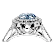 Double Halo Engagement Ring Setting for Fancy Blue Oval Center with Narrow Pave Split Shank and Prong Head in Platinum