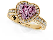 Milgrain Halo Engagement Ring Setting for Fancy Pink Heart-Shaped Center with Wide Pave Band and Prong Head in Yellow Gold