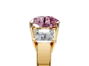 3 Stone Engagement Ring Setting for Fancy Pink Round Cut Center with Matching Side Accents and Prong Head in Yellow Gold