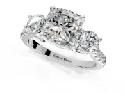 3 Stone Engagement Ring Setting for Cushion Cut Center with Crossover Basket, Pave Band and Prong Head in White Gold