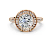 Milgrain Halo Engagement Ring Setting for Round Cut Center with Three-Sided Pave Band and Prong Head in Rose Gold