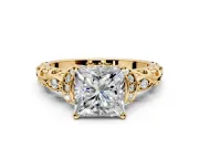 Solitaire Engagement Ring Setting for Princess Cut Center with Filigree Band and Prong Head in Yellow Gold