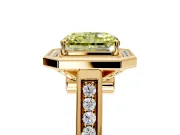 Halo Engagement Ring Setting for Fancy Yellow Emerald Cut Center with Outer Bezel Rim, Pave Band and Prong Head in Yellow Gold