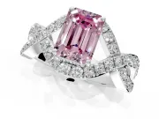 Halo Engagement Ring Setting for Fancy Pink Emerald Cut Center with Pave Infinity Twist Band and Prong Head in Platinum