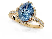 Halo Engagement Ring Setting for Fancy Blue Oval Center with Openwork Halo, Pave Band and Prong Head in Yellow Gold