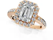 Halo Engagement Ring Setting for Emerald Cut Center with Heart-Shaped Openwork, Pave Band and Prong Head in Rose Gold