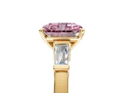 3 Stone Engagement Ring Setting for Fancy Pink Radiant Cut Center with Channel Baguette Accents and Prong Head in Yellow Gold
