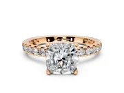 Solitaire Engagement Ring Setting for Cushion Cut Center with Shared-Prong Accents and Prong Head in Rose Gold