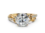 Leaf Motif Engagement Ring Setting for Round Cut Center with Pave Band and Prong Head in Yellow Gold