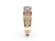 Pave Engagement Ring Setting for Fancy Blue Asscher Cut Center with Curved Accent Rows, Openwork and Prong Head in Rose Gold