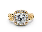 Halo Engagement Ring Setting for Cushion Cut Center with Open Scroll Shoulders and Prong Head in Yellow Gold