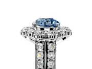 Large Accent Halo Engagement Ring Setting for Fancy Blue Round Cut Center with Pave Split Shank and Prong Head in Sterling Silver