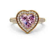 Milgrain Halo Engagement Ring Setting for Fancy Pink Heart-Shaped Center with Three-Sided Pave Band and Prong Head in Yellow Gold