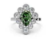 Cluster Halo Engagement Ring Setting for Fancy Green Pear-Shaped Center with Milgrain Bezel Accents and Prong Head in Sterling Silver