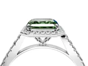 Halo Engagement Ring Setting for Fancy Green Asscher Cut Center with Narrowing Pave Band and Prong Head in Platinum