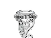Halo Engagement Ring Setting for Emerald Cut Center with Leaf Motif Split Shank and Prong Head in Platinum