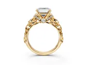 Solitaire Engagement Ring Setting for Asscher Cut Center with Filigree Band and Prong Head in Yellow Gold