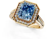 Halo Engagement Ring Setting for Fancy Blue Emerald Cut Center with Outer Bezel Rim, Pave Band and Prong Head in Yellow Gold