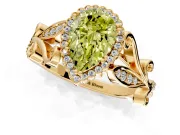 Halo Engagement Ring Setting for Fancy Yellow Pear-Shaped Center with Leaf Motif Split Shank and Prong Head in Yellow Gold