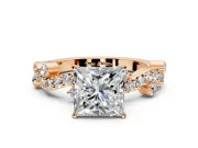 Solitaire Engagement Ring Setting for Princess Cut Center with Bar-Station Pave Twist and Prong Head in Rose Gold