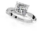 Solitaire Engagement Ring Setting for Princess Cut Center with Carved Leaf Shoulders and Prong Head in Sterling Silver