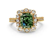 Milgrain Halo Engagement Ring Setting for Fancy Green Radiant Cut Center with Bezel Point Accents and Prong Head in Yellow Gold