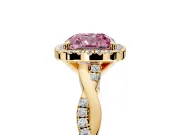 Halo Engagement Ring Setting for Fancy Pink Cushion Cut Center with Pave and Plain Twist Band and Prong Head in Yellow Gold
