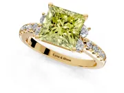 Paired Accent Engagement Ring Setting for Fancy Yellow Princess Cut Center with Pave Band and Prong Head in Yellow Gold