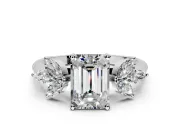 Floral Cluster Engagement Ring Setting for Emerald Cut Center with Marquise Accents and Prong Head in Sterling Silver