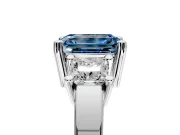 3 Stone Engagement Ring Setting for Fancy Blue Emerald Cut Center with Matching Side Accents and Prong Head in Platinum