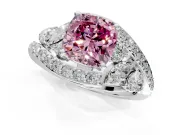 Halo Engagement Ring Setting for Fancy Pink Cushion Cut Center with Marquise and Pave Bypass Band and Prong Head in Platinum