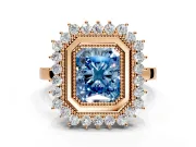 Halo Engagement Ring Setting for Fancy Blue Radiant Cut Center with Milgrain Bezel Rim, Plain Band and Prong Head in Rose Gold