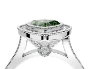 Halo Engagement Ring Setting for Fancy Green Heart-Shaped Center with Milgrain Frame, Pave Band and Prong Head in Sterling Silver